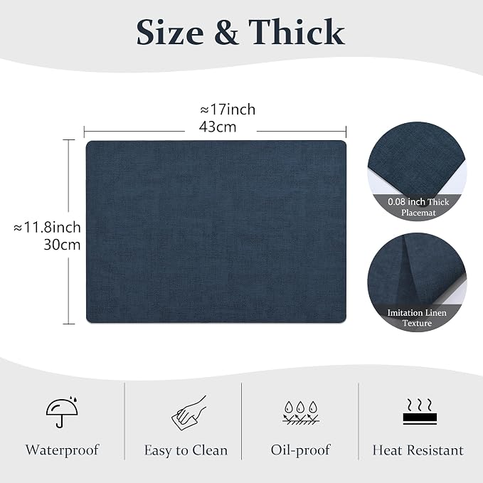 FROMHEART Faux Leather PU Placemats Set of 6 (Dark Blue,11.8" x 17") | Waterproof,Heat/Oil Stain-Resistant Table Mat–Reversible,Non-Slip,Easy to Clean Place Mats for Kitchen,Dining,Indoor/Outdoor