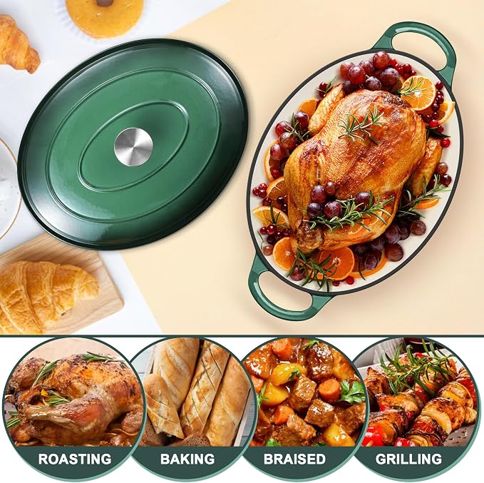 E-far 5QT Oval Dutch Oven Pot with Lid, Enameled Cast Iron Dutch Oven | with Dual Handles for Homemade Sourdough Bread Baking, Nonstick Enamel Coated Cookware, Non-Toxic & Easy Clean, Dark Green