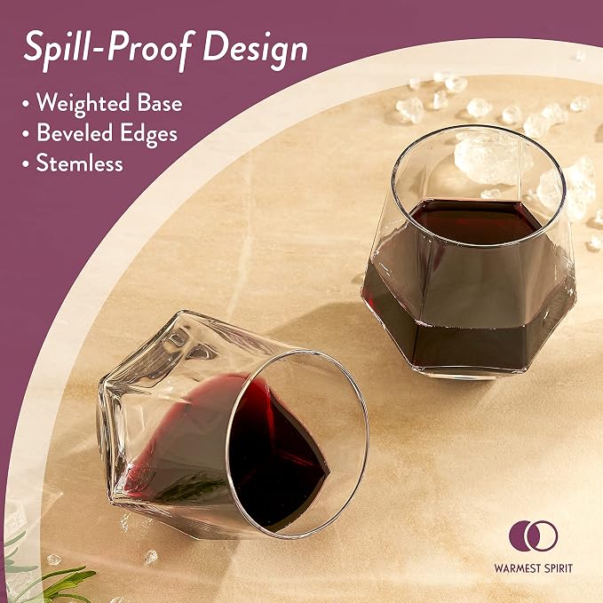 Hexagon Stemless Wine Glasses Set of 6 – Elegant 10.5 oz, Durable, Dishwasher Safe, Spill-Proof Design, Perfect for Wine, Cocktails, Whiskey, Everyday Use, Dinner Parties, and Entertaining, Giftable