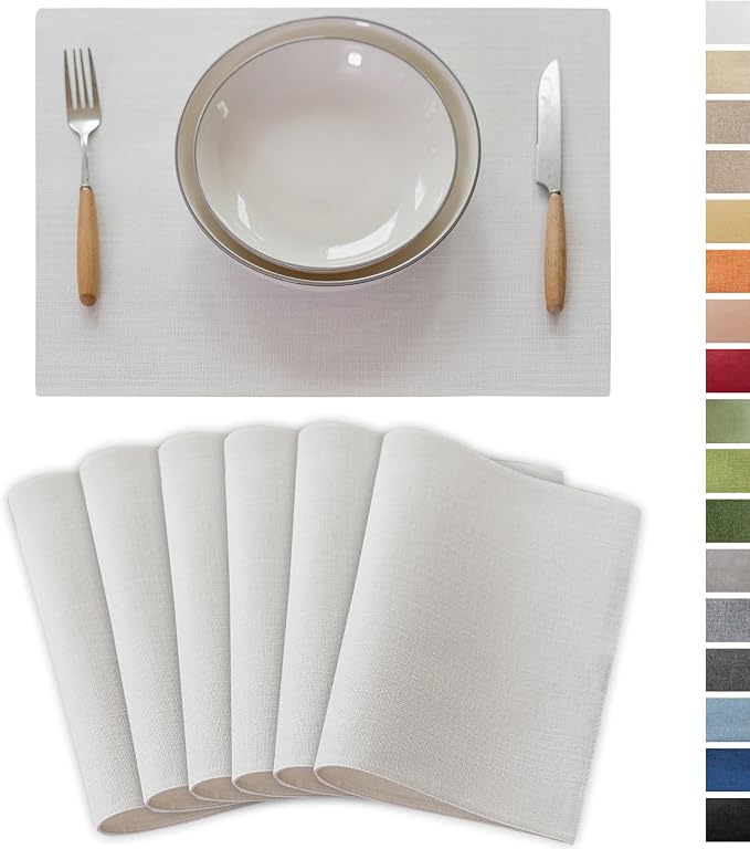 Demetex White Placemats Set of 6 Heat Resistant Linen Place Mats Washable Dining Table Plate Mat for Holiday Wedding Kitchen Decor, Pure White