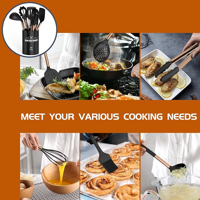 Silicone Cooking Utensil Set, Umite Chef Kitchen Utensils 15pcs Cooking Utensils Set Non-stick Silicone Rose Gold Handle Cooking Tools Whisk Kitchen Tools Set - Balck