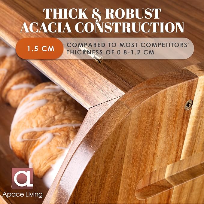 Arise Acacia Wooden Bread Box for Kitchen Countertop, Extra Large 2-Shelf | Bread Storage Container with Clear Windows & Air Vents, Bread Bin & Keeper, Keeps Bagels, Rolls & Buns Fresh, Self Assembly