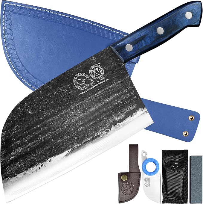 XYJ Ancient Forged Butcher Knives,7.5" Serbian Chef Knife With Sheath | Authentic Since 1986,,Tiny Knife,Chinese Vegetable Meat Cleaver For Kitchen Camping Outdoor,Full Tang,High Carbon Steel