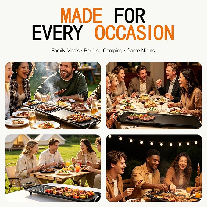 39.5-Inch Electric Griddle & Teppanyaki Grill, 1400W Large Non-Stick Surface, Intelligent Temperature Control, Easy to Clean. Indoor/Outdoor Use for Pancakes, BBQ, Camping & Gatherings