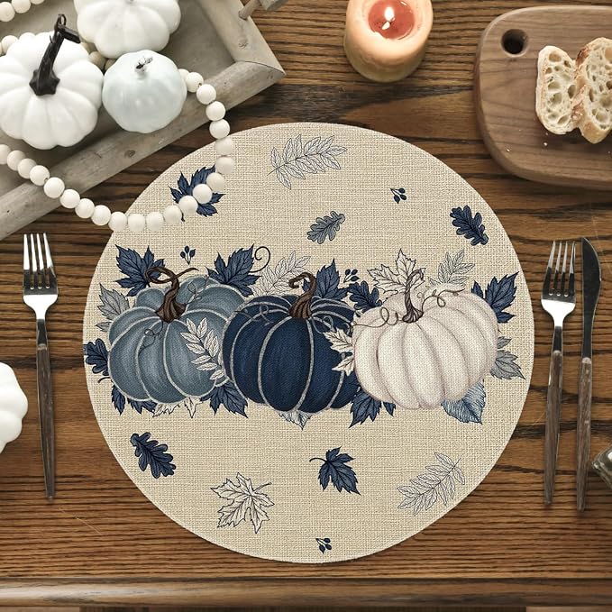 Artoid Mode Navy Blue Pumpkins Round Fall Placemats Set of 4-14 Inch | Heat-Resistant, Washable Table Mats, Seasonal Autumn Kitchen Dining Decor