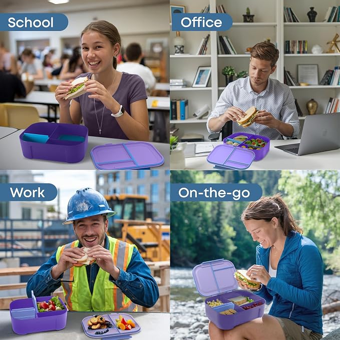 Leakproof Bento Lunch Box, 3-Compartment, Extra Large, Lilac & Blue | 3-Compartment Design, Leakproof, Extra Large Capacity, Adjustable Divider, Includes Cooler Pack, Dishwasher Safe, Reusable