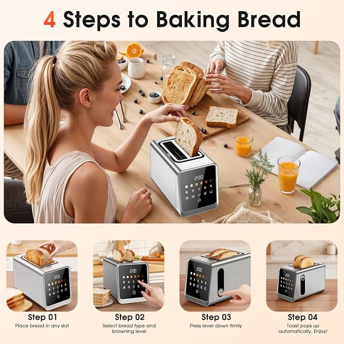2 Slice Toaster with Touch Screen, 1.5" Wide Slot for Bagels, Smart Digital | Toasters with Single Slot Toasting, Memory Function, 5 Bread Types & 6 Shade Settings, Defrost, Reheat, Removable Crumb Tray