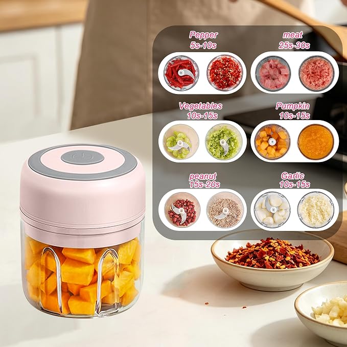 Electric Garlic Mincer, 250ML Small Onion Chopper USB | Portable Mini Food Processor for Vegetable Chopper Garlic Ginger Chili Veg, Pink