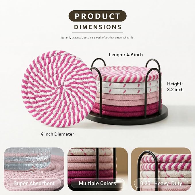 Lazebox Coasters Set of 8 for Drinks, 4 Inch Large Coasters for Coffee Table, Tabletop Protection for Hot & Cold Drinks, Versatile Coasters for Home Decor, Non-Slip & Easy to Clean, Pink