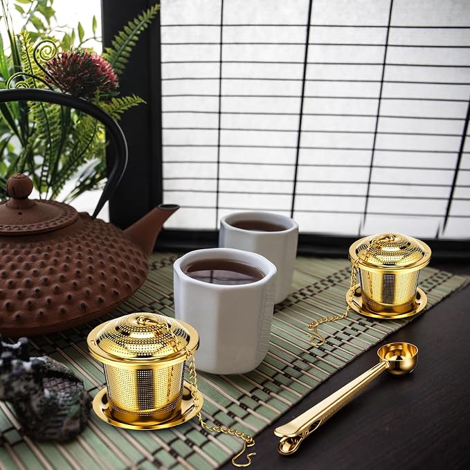 4 Pcs Tea Infuser Strainers for Loose Tea with Scoop, Extra Fine Mesh Steeper 304 Stainless Steel Diffuser Leaf Holder with Extended Chain Hook for Brew, Spices, Seasoning, Gold