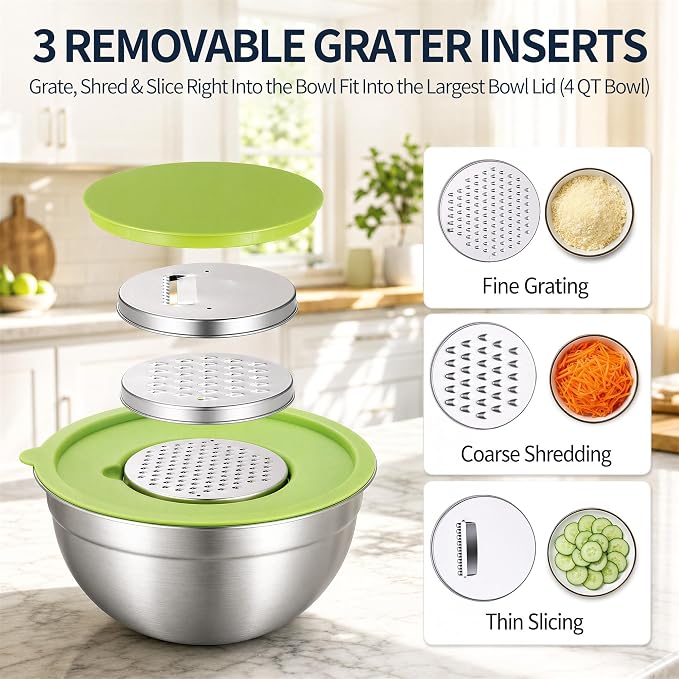 Stainless Steel Mixing Bowls with Lids Set, 3 Grater Inserts | 6 nesting stainless steel bowls, 0.7-4 QT, 6 lids, 3 grater inserts, measuring set, spatula and brush for prep and baking