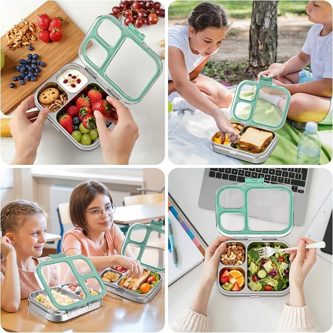 LOHASOK Stainless Steel Bento Lunch Box, 800ml, Green | 3-Compartment, Leak Proof, Lightweight, Clear Plastic Lid, for Kids Adults, BPA/BPS Free, Dishwasher Safe