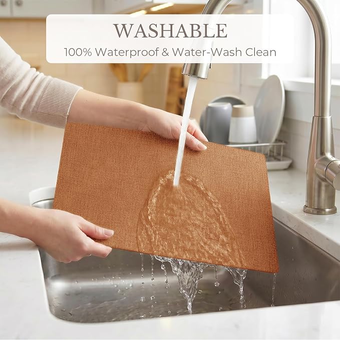 Romanstile Vinyl Placemats Set of 4-12 X 17 Inch - Faux Leather 100% Waterproof Wipeable Anti Slip Place Mats, Heat Resistant Reversible PU Table Mats for Kitchen Dining Party Outdoor, Orange