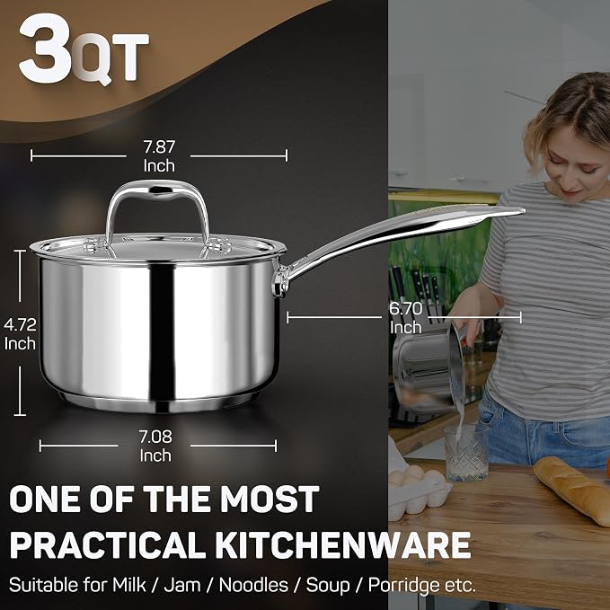 Ciwete 3 Qt Saucepan with Lid - Upgraded Package - 3 Quart 18/10 Stainless Steel Sauce Pan with Mirror Polishing and 2 Sacles, Induction Cookware, Small Pot for Cooking, Dishwasher Safe Oven Safe