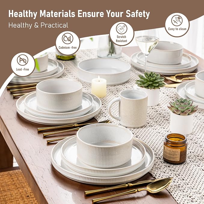 GBHOME Stoneware Dinnerware Sets for 8, 24-Piece Plates and Bowls Set | Handmade Reactive Glaze Ceramic Dish Set, Scratch Resistant, Dishwasher&Microwave Safe,Cloud White