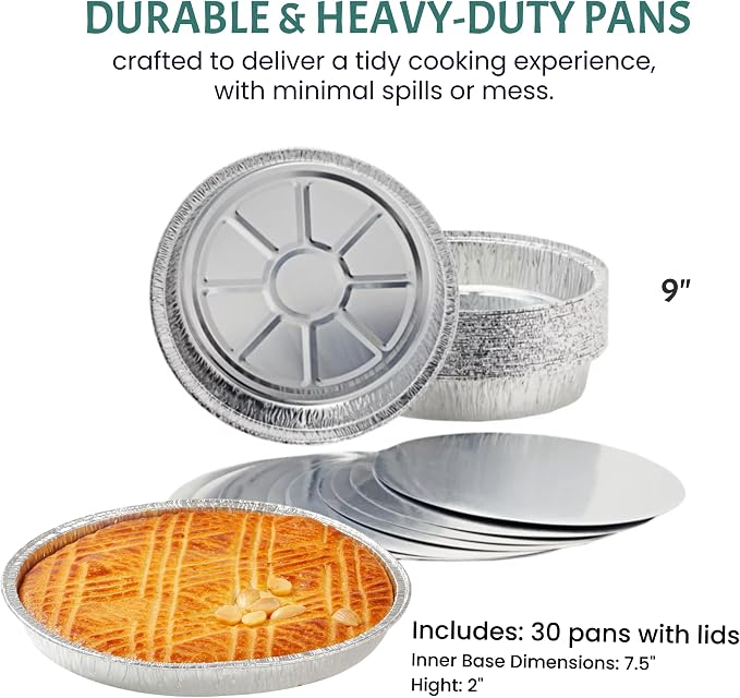 Round Aluminum Pans with Lids (30 Pack) - 9 Inch Disposable Pie Pans - Round Aluminum Foil Pans For Baking, Grilling, Cooking, Storing, Prepping - Pie Tins with Lids