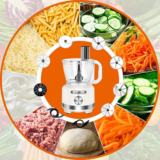 Homtone 16-Cup Food Processor, Large 9-IN-1 Food Veggie Chopper for Home Meal Prep, 7 Blades for Shredding, Slicing, Chopping, Kneading, Emulsifying, Dishwasher Safe, 600W (White, 16 cup)
