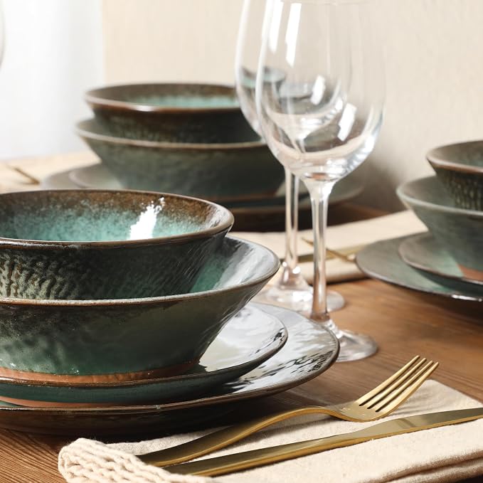 Gibson Elite Green Lantern Service for 4 (16 Piece) Double Bowl Dinnerware Set, Teal, Soft Gray, Dinnerware Set
