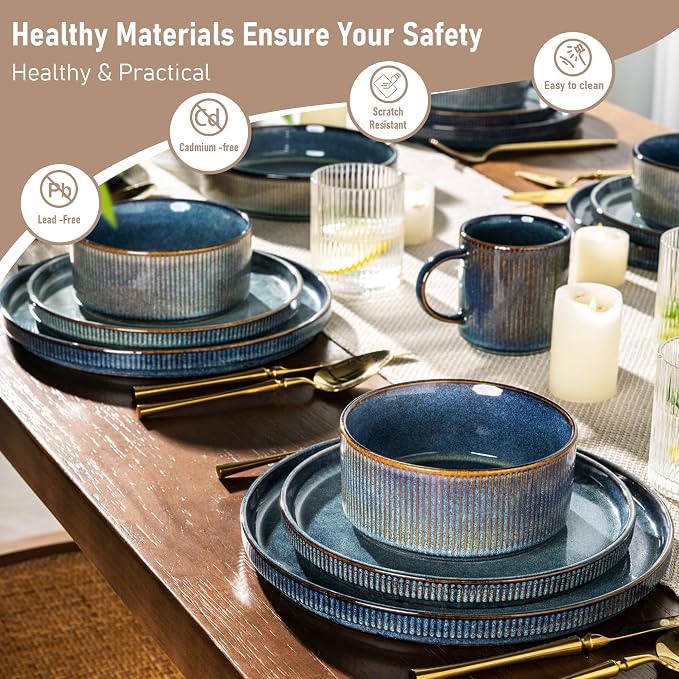 GBHOME Stoneware Dinnerware Sets for 6, 18-Piece Plates and Bowls Set | Handmade Reactive Glaze Ceramic Dish Set, Scratch Resistant, Dishwasher&Microwave Safe,Ceylon Blue