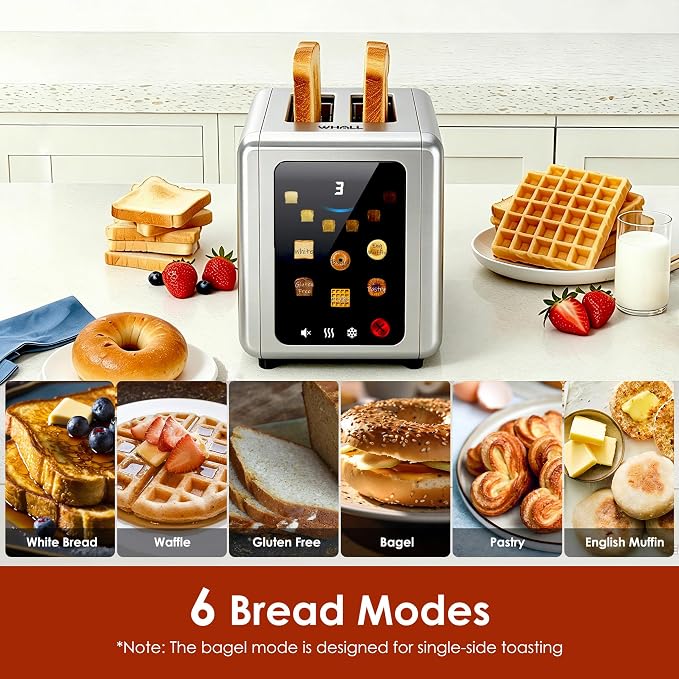WHALL Full Touch Screen Toaster 2 Slice, Smart Toaster for Bread, Silver | 1.5'' Extra Wide Slot, 6 Shade Settings, Reheat/Defrost/Mute/Standby, Gluten-Free Waffle Pastry Mode, Stainless Steel, Silver