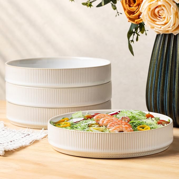 7.5" Ceramic Pasta Bowls Set of 4, Salad Bowls | Versatile Serving Bowls for Pasta, Salad, Fruit & Noodles, Housewarming & Wedding Gift, Reactive White