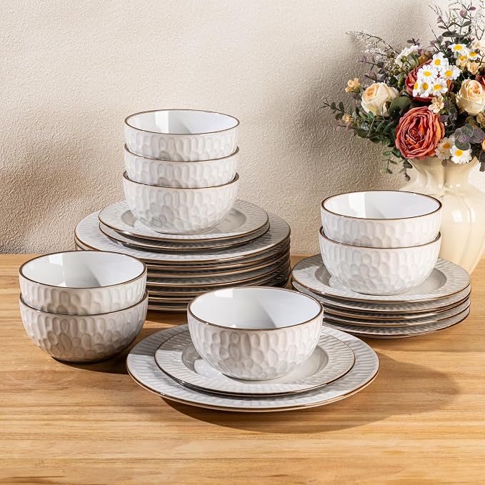 GBHOME Ceramic Dinnerware Sets of 8,24 pcs Plates and Bowls Sets Dishes | Embossed Elegant Stoneware Dishes Set | Dishwasher & Microwave Safe | Service for 4