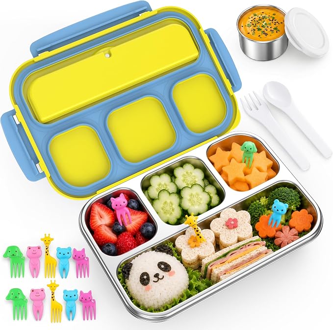 Stainless Steel Bento Lunch Box for Kids Adult, Metal Lunch Box Containers for Boys Girls School, 4 Compartment Leak Proof Lunch Containers with Sauce Cup, Fork and Spoon & Fruit Picks, Yellow Blue