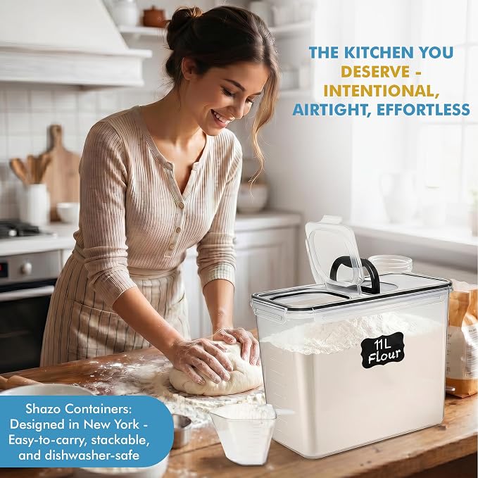Shazo 2 PC (11L | 372 oz) Flour Sugar Storage Containers with Spout Lid & Easy Carry Handle - BPA Free Extra Large Airtight Food Storage Containers with Lids - Rice Canisters Sets for Kitchen & Pantry