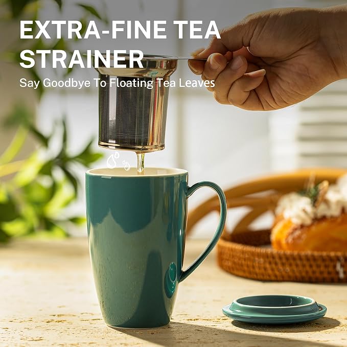 Sweese 15 OZ Porcelain Tea Mug with Infuser and Lid, Loose Leaf Tea Cup, Gifts for Tea Lover, Sage Green