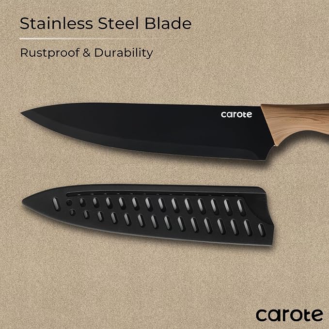CAROTE 12-Piece Knife Set, Knives with Wood-Grain Finish Handles, Black | 6 Blade Guards, Stainless Steel Blade, Ceramic Nonstick Coating, Long-Lasting Sharpness, Rust-Resistant, Kitchen, Camping, RV