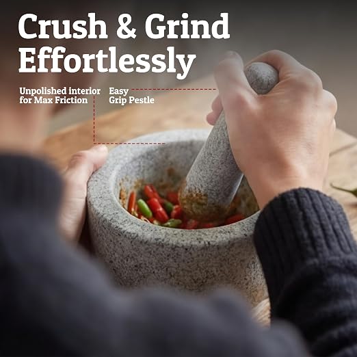 Heavy Duty Large 1.5 Cup Mortar and Pestle Set, 100% Natural Granite, 4.72 Inch Diameter Bowl, 6.2 Inch Pestle, Non-Slip Base, Stone Grinder for Guacamole Salsa Pesto Herbs Spices, Grey