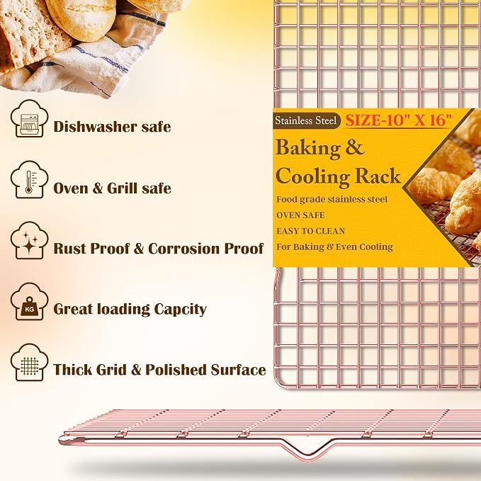 2PCS Cooling Racks for Cooking and Baking - 10" x 16"Heavy Duty Stainless Steel Wire Rack for Baking, Grilling, Roasting - Oven & Dishwasher Safe - Fits Half Sheet Pan（Rose Gold）