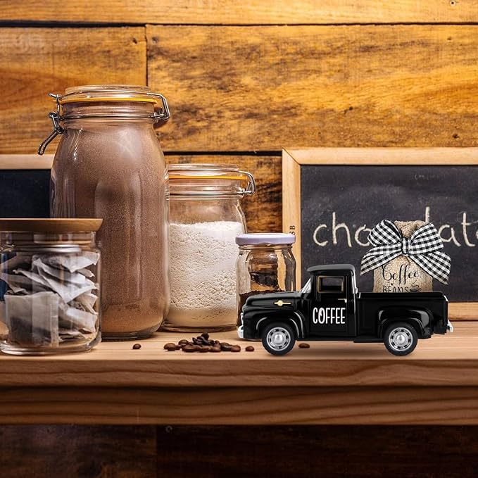 Hooqict Coffee Bar Decor Mini Metal Black Truck with Beans Burlap Sack for Home Farmhouse Kitchen Tiered Tray Decor Coffee Bar Accessories Coffee Station Decorations