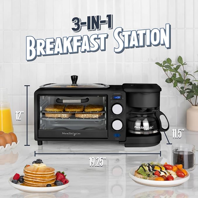 Nostalgia 3-in-1 Retro Breakfast Station - Includes 5 (4 Oz) Cup Coffee Maker, Non-Stick Ceramic Griddle, and 4-Slice Toaster Oven - Built-In Timer, Reusable Coffee Filter, Space-Saving Design - Black