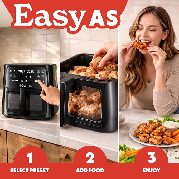 Gourmia 8 Qt Air Fryer, 8 Presets with Digital Display, FryForce 360° Technology, Easy View Window & Interior Light, Dishwasher Safe Basket, Black
