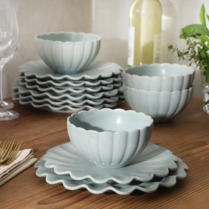 Gibson Elite Bistro Fleur Plates and Bowls Sets, 12-Piece Stoneware Dinnerware Set for 4, Sage Blue Scalloped Dish Set with Dinner Plates, Salad Plates & Bowls