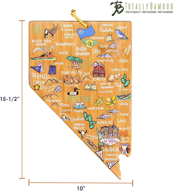Totally Bamboo Nevada State Shaped Cutting Board, Art by Fish Kiss | State charcuterie board with colorful hand-drawn map artwork. Smooth reverse side for food prep. Hang tie for wall display.