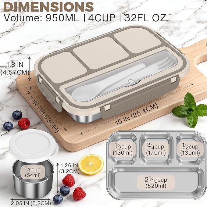 Stainless Steel Bento Box Adult Kids, Leakproof Metal Lunch Box Containers 4 Compartments, 32 Oz Reusable Food Storage Containers for Office and School, Brown