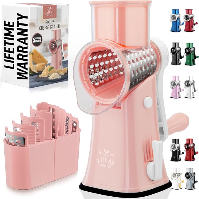Zulay Kitchen Rotary Cheese Grater 5 Blade Cheese Shredder - Manual Hand Crank Cheese Grater With Reinforced Suction & 5 Interchangeable Drums - Easy to Use, Vegetable Chopper Round Mandoline Slicer