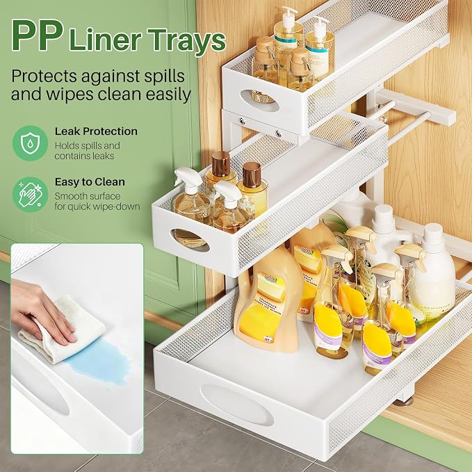 Kitstorack Under Sink Organizer 3-Tier Slide Out Drawer for Bathroom 2-Pack | Height Adjustable, Metal Mesh Storage Rack, Pull out Cabinet Organizer Shelf for Kitchen Pantry Home Laundry Organization