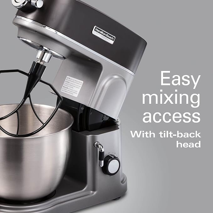 Hamilton Beach Professional All-Metal 5 Qt Stand Mixer With 12 Speeds | Stainless Steel Bowl | 450 Watts| Attachment Hub | Flat Beater, Dough Hook, Whisk | Tilt-Back Head | Stainless Steel | 63240