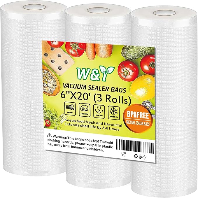 W&Y Vacuum Sealer Bags 6"x20' 3 Rolls Cut-to-Size Sous Vide,BPA Free | Commercial Grade, BPA Free, Freezer Bags, Sous Vide Cooking, Puncture Prevention, Vacuum Storage Bags