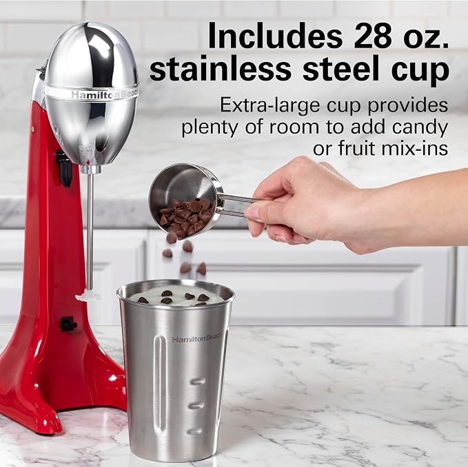 Hamilton Beach DrinkMaster Retro Milkshake Maker & Electric Drink Mixer | Drink Mixer, Milkshake Maker, Milk Frother | 2 Speeds | Extra-Large 28 oz. Stainless Steel Cup | Red | 733