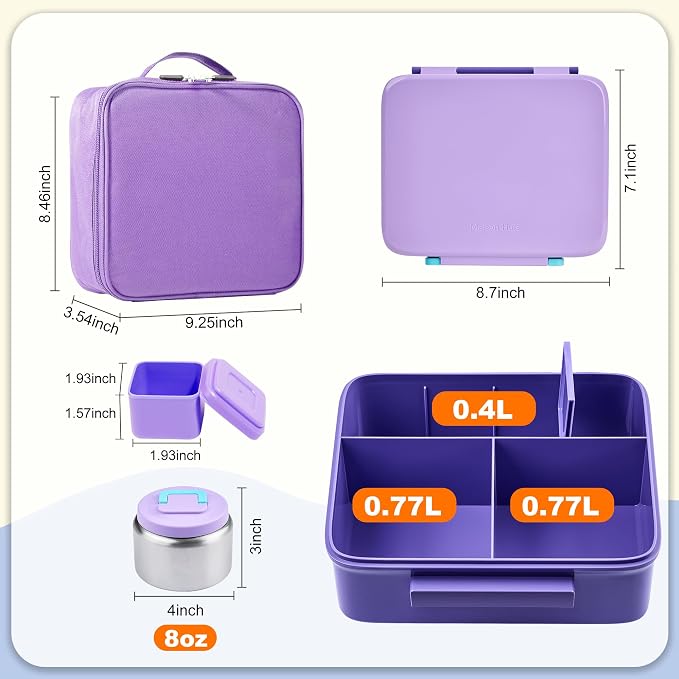 Bento Lunch Box for Kids with Thermo, Leakproof Bento Box with 8oz Insulated Food Jar, Lunch Bag, BPA Free Dishwasher Safe 4 Compartment Container for School Girls Boys (Purple)