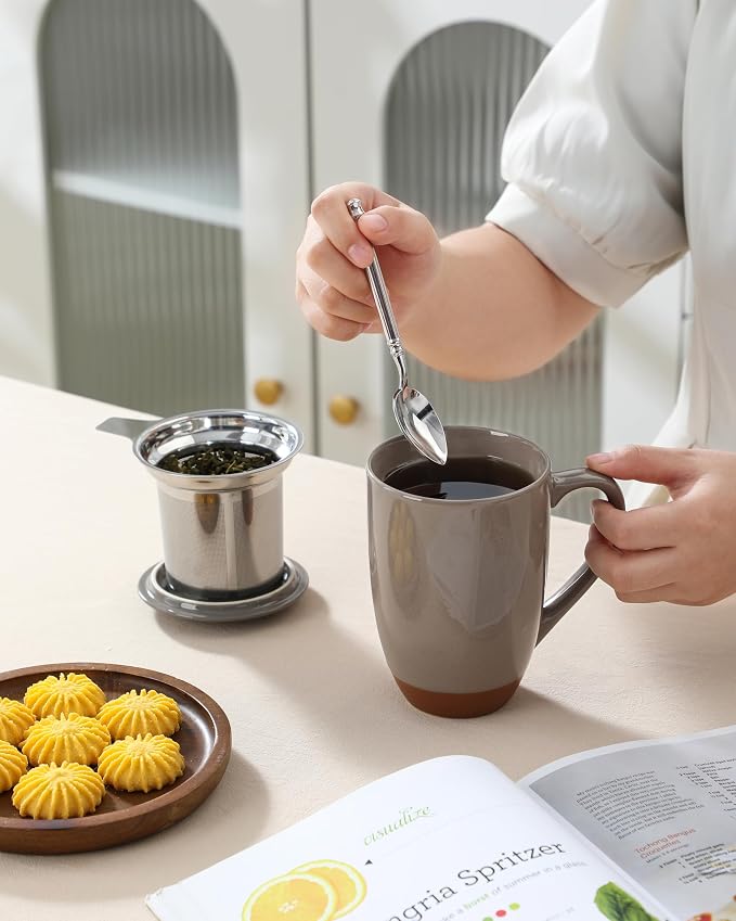 MALACASA Ceramic Tea Mug with Lid and Stainless Steel Infuser, 18 oz Large Tea Cup for Loose Leaf Tea, Heat-Resistant, Microwave & Dishwasher Safe, Speckled Glaze Coffee & Tea Brewer Mug, Khaki Brown