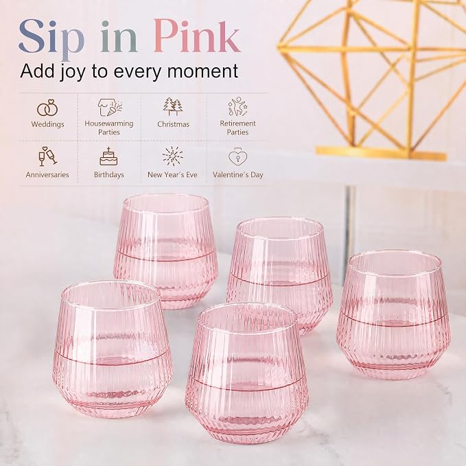 Pink Stemless Wine Glasses Set of 6, 12.5 Oz Lead-Free Ribbed Drinking Glass Cup for Wine, Cocktails, Champagne and Whiskey, Ideal Gifts for Weddings, Bars, Christmas, Halloween,Party, Daily Use