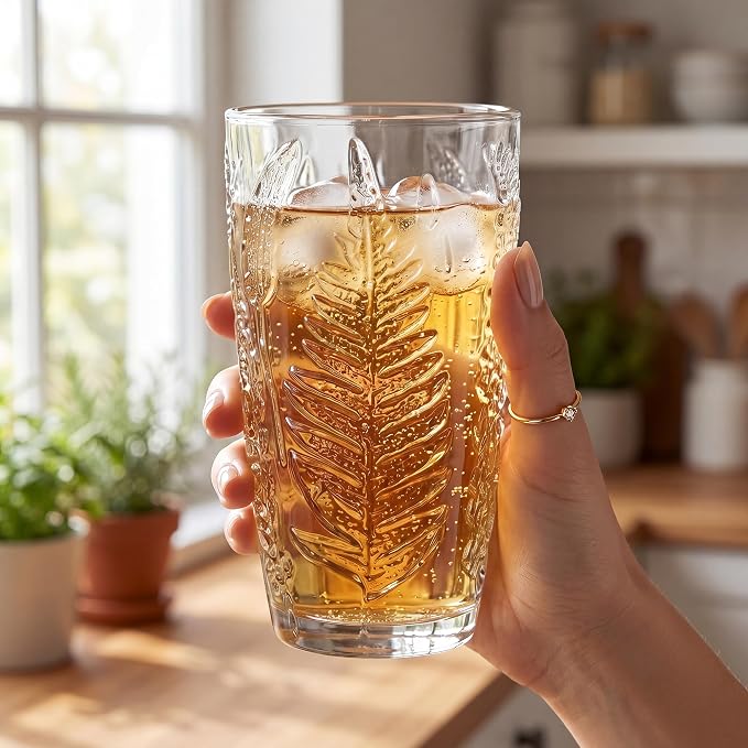Clear Drinking Glasses Set of 4, 16 oz Glass Cups, Vintage Fern Glassware | Hand-Pressed, Dishwasher Safe, Boho Leaf-Textured Drinkware, Decorative Embossed Highball Tumblers for Water, Retro Kitchen
