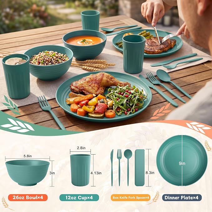 Wheat Straw Plates and Bowls Sets 28 PCS,Chip Resistant Dinnerware Sets for 4,Microwave Safe Dish Sets, Stackable and Lightweight Cup Set, Cutlery Set for Kitchen,Outdoor,Camping(Green)