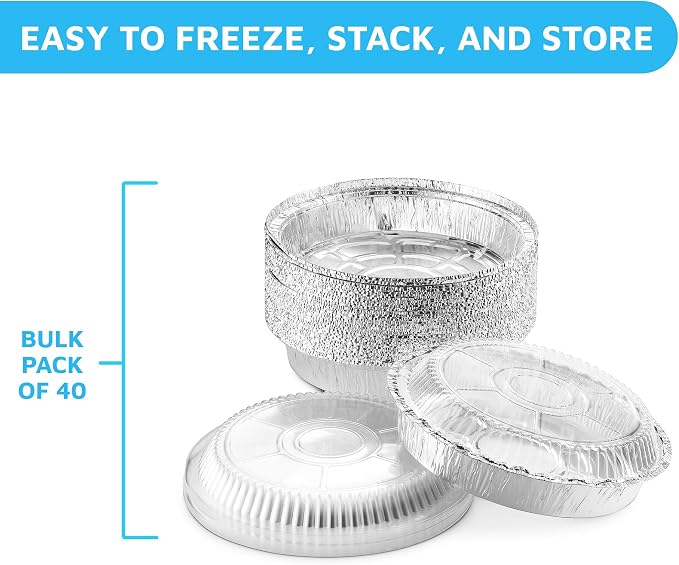 MontoPack 9” Round Aluminum Foil Pans with Clear Lids | Disposable Containers with Straight Walls for Storing, Baking, Meal Prep & Reheating | Freezer & Oven Safe, Recyclable | 40 Pack of Tins