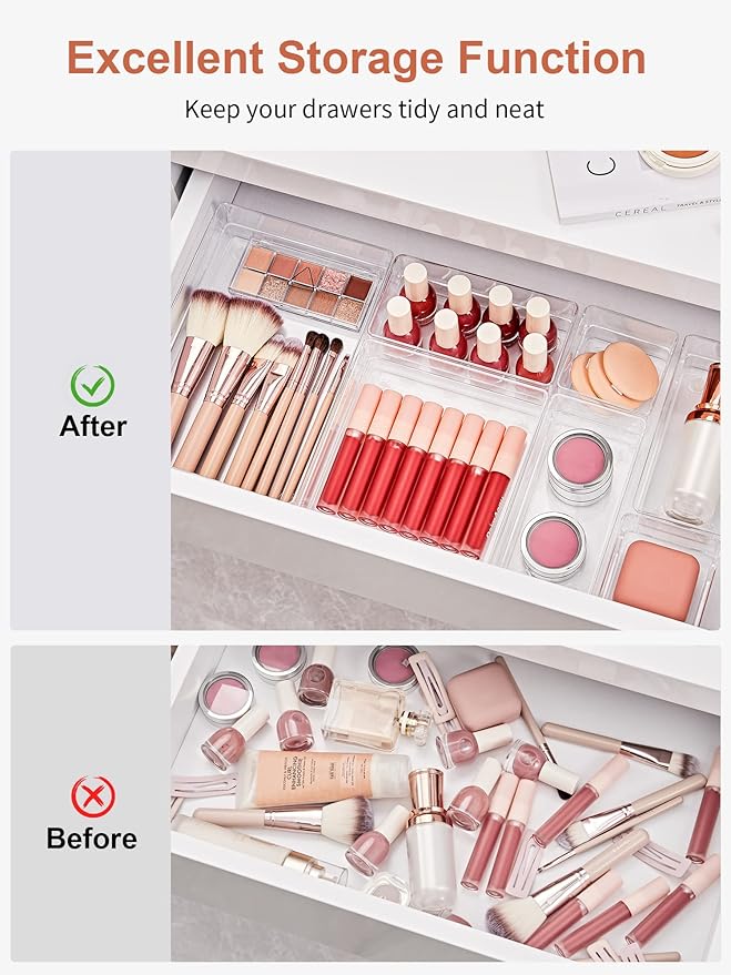 SMARTAKE 13 PCS Drawer Organizer 5-Size Desk Makeup Drawer Organizer Clear | Storage Trays for Makeup with Non Slip Silicone Pads, Jewelries, Utensils in Bedroom Dresser, Office, Kitchen and Bathroom